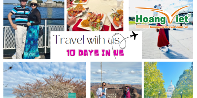 Bộ sưu tập ảnh du lịch ghi lại những thắng cảnh ở Hoa Kỳ: Tượng Nữ thần Tự do, một nhóm người dưới tán hoa anh đào, bữa tối, tạo dáng bên biển hiệu Eagle Point, và gần Điện Capitol ở Washington, D.C. Dòng chữ ghi: "Du lịch cùng chúng tôi, 10 ngày ở Mỹ." Không khí phiêu lưu và mời gọi.