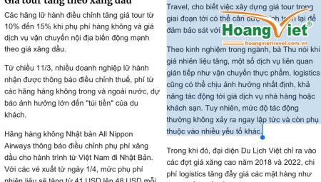 HOÀNG VIỆT TRAVEL GHI NHẬN: GIÁ TOUR TĂNG 10–15% DO XĂNG DẦU – ÁP LỰC CHI PHÍ LAN RỘNG TOÀN NGÀNH DU LỊCH - THEO BÀI BÁO VNEXPRESS