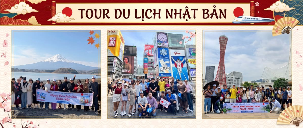 Banner tour du lịch Nhật Bản với 3 hình đoàn khách check-in tại núi Phú Sĩ, phố Dotonbori Osaka và tháp cảng Kobe