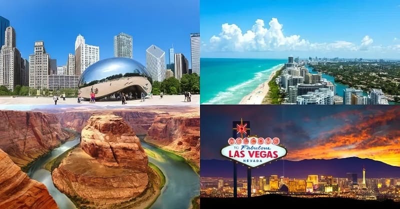 Một bức tranh ghép từ bốn phong cảnh mang tính biểu tượng: đường chân trời của Chicago với Cloud Gate, đường bờ biển của Miami Beach, Horseshoe Bend của Grand Canyon và biển hiệu đèn neon của Las Vegas lúc hoàng hôn.