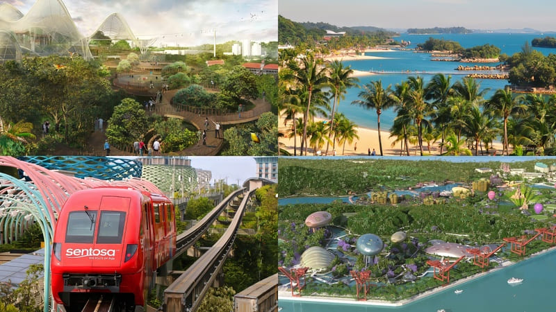 Bức ảnh ghép về đảo Sentosa cho thấy khung cảnh xanh tươi và những khu vườn rợp bóng cây, một bãi biển thơ mộng với những hàng cọ, một đoàn tàu điện một ray màu đỏ và một công viên giải trí mang phong cách tương lai.