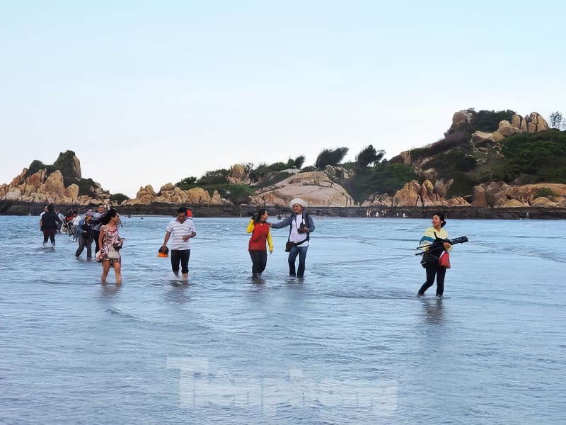 Kỳ thú những cung đường bộ xuyên biển - Ảnh 5. People wade through shallow water near rocky islands, enjoying a sunny day. They carry cameras and bags, capturing memories.