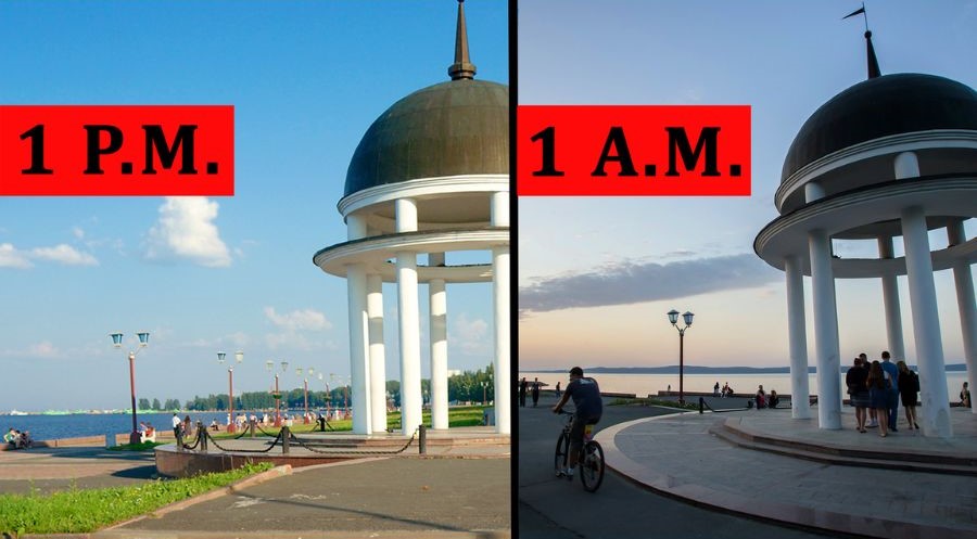 Hình ảnh ghép của một gian chòi bên bờ nước lúc 1 giờ chiều và 1 giờ sáng. Bầu trời xanh trong và ánh nắng mặt trời lúc 1 giờ chiều; bầu trời nhá nhem tối với ánh sáng chiều dịu nhẹ lúc 1 giờ sáng.